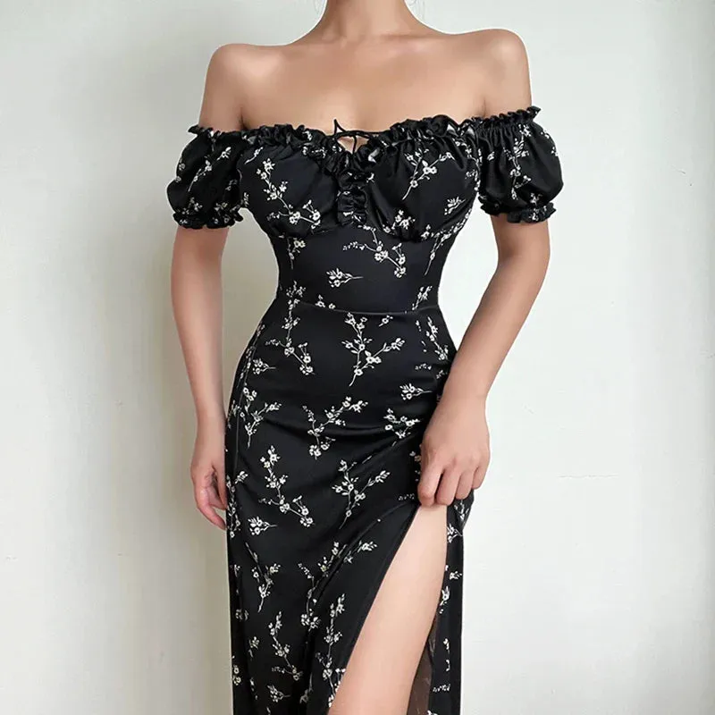 Off Shoulder Floral Print High Split Bodycon Summer Dress