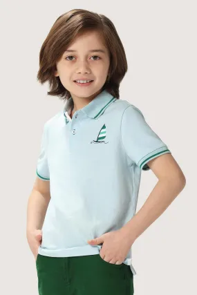 One Friday Kids Boys Blue Stretchable Polo Tee with Embroidery