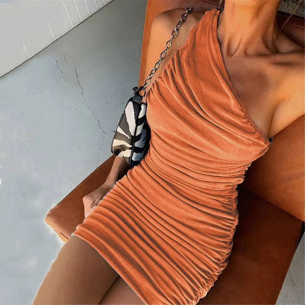 One Shoulder Summer 2024 Elegant Sleeveless Ruched Bodycon Mini Dress