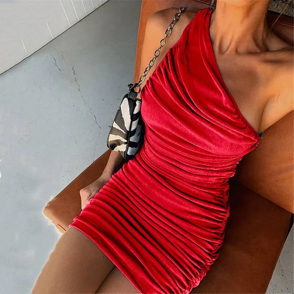 One Shoulder Summer 2024 Elegant Sleeveless Ruched Bodycon Mini Dress