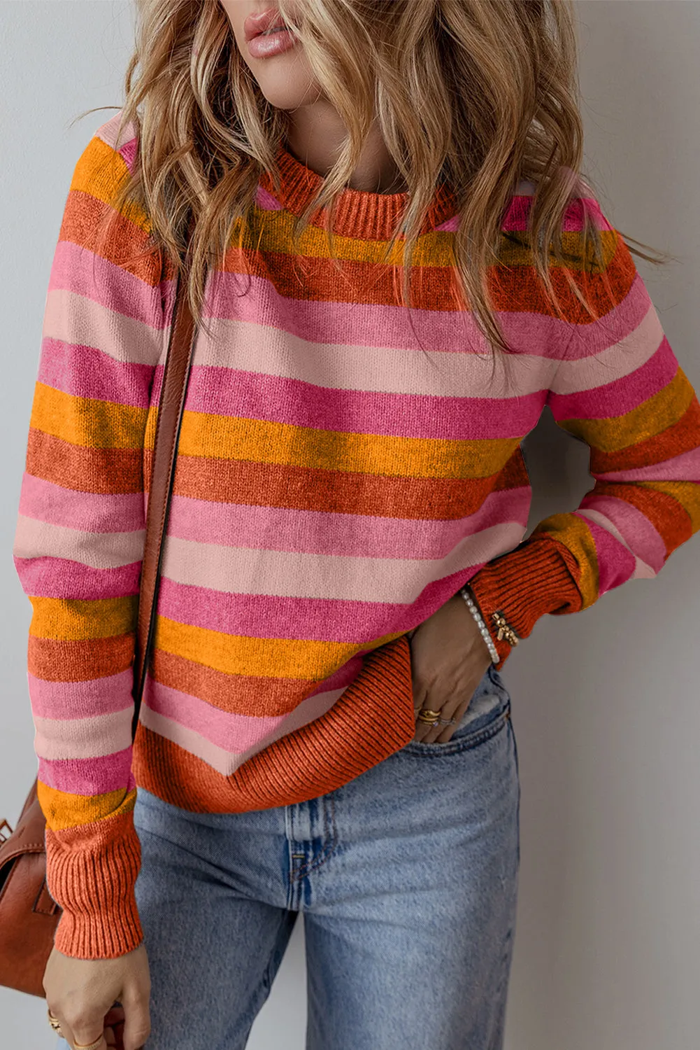 Orange Color Block Ribbed Edge Round Neck Sweater