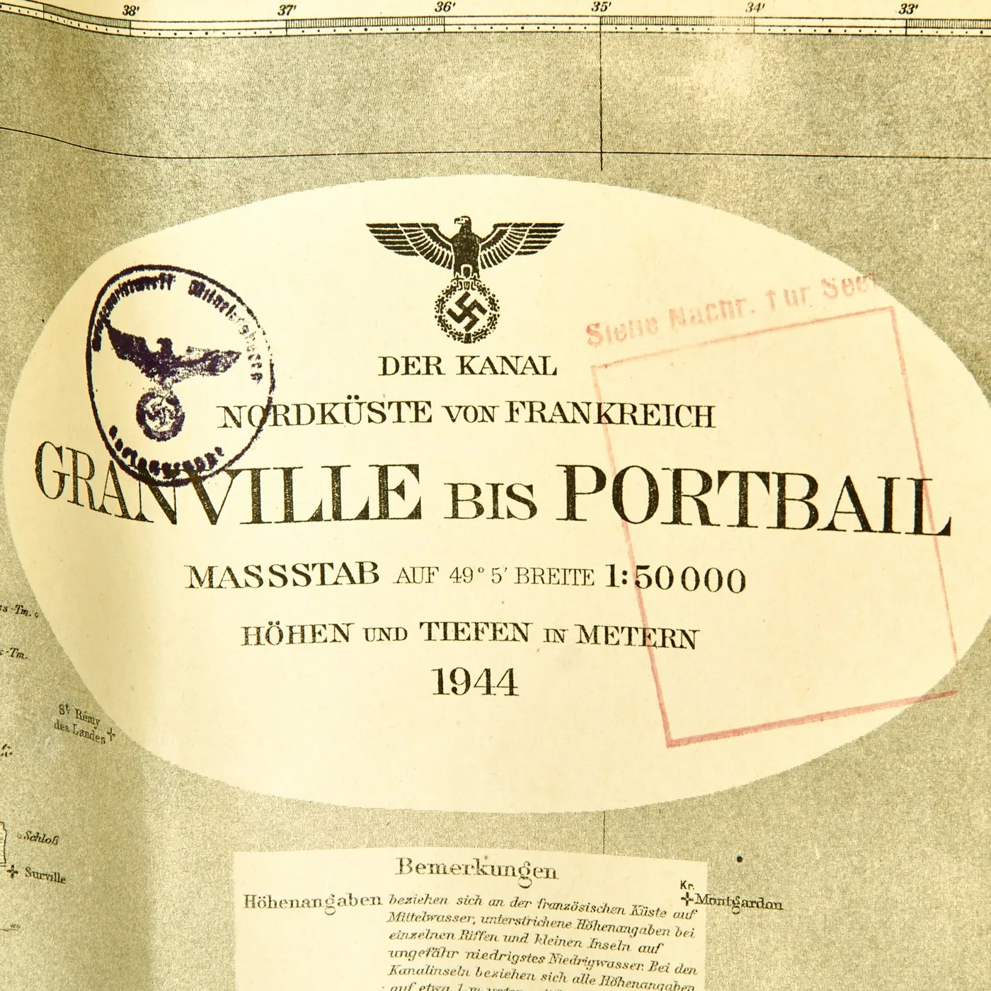 Original German WWII 1944 Kriegsmarine U-Boat Map Northern Coast Channel of France Granville to Portbail