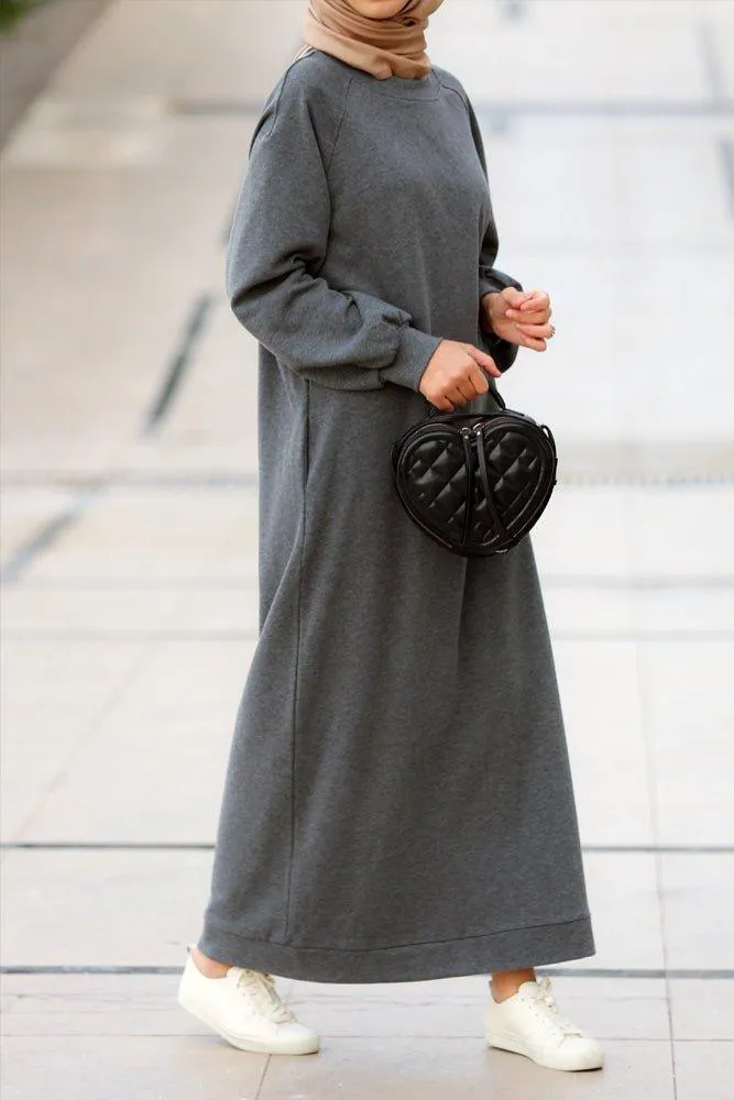 Oversized modest maxi sweatshirt dress with pockets in grey