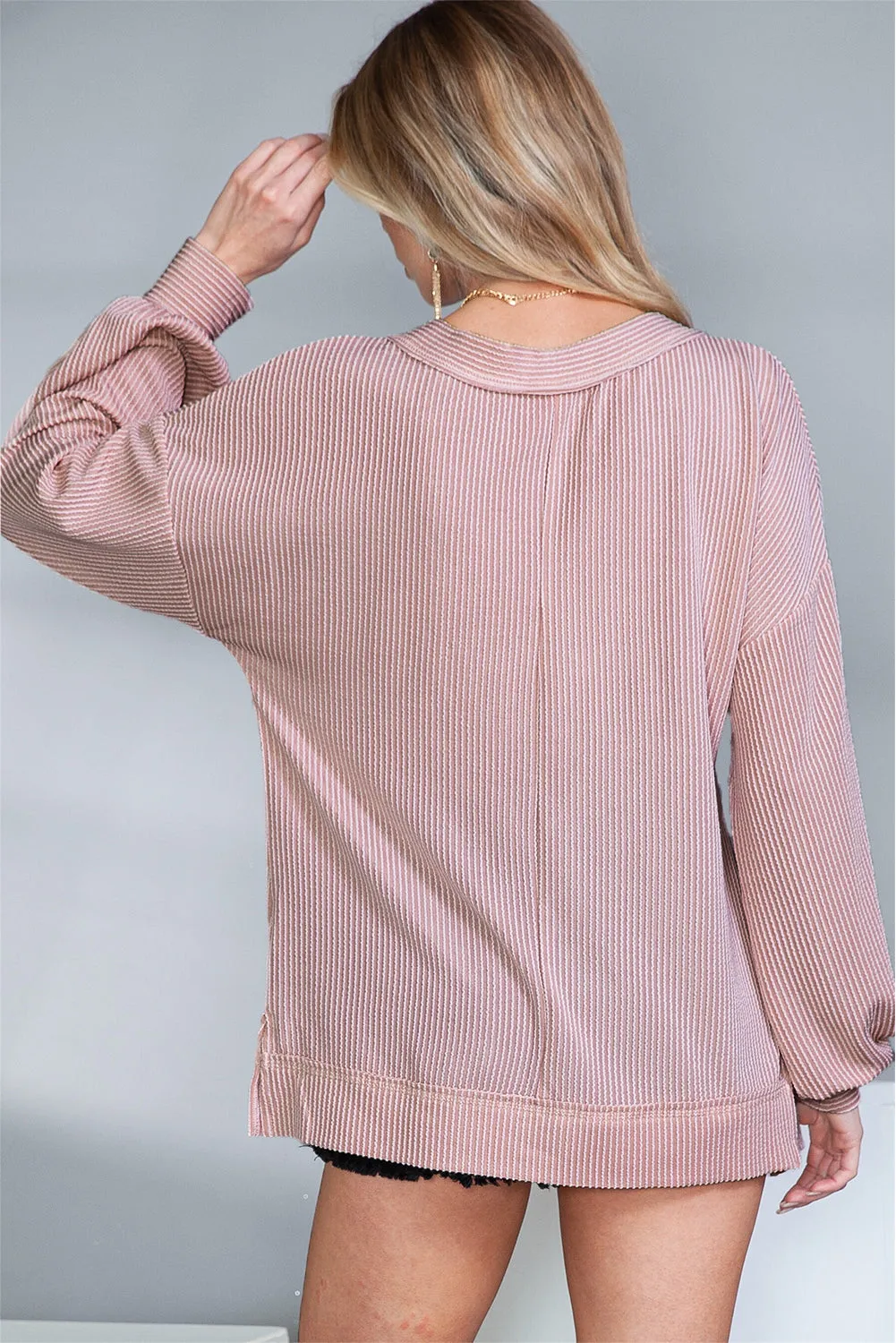 Pink V Neck Drop Shoulder Lantern Sleeve Ribbed Top