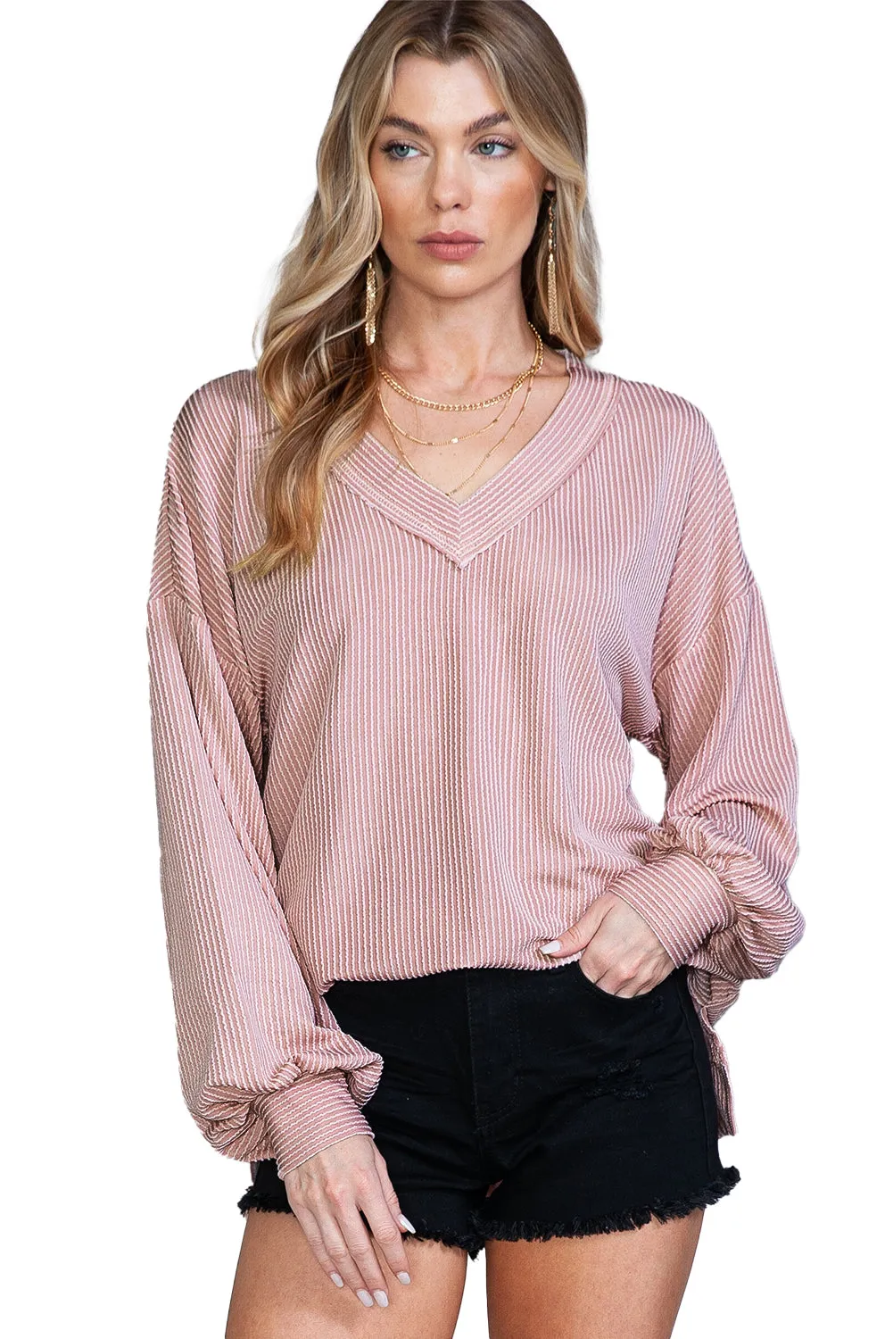 Pink V Neck Drop Shoulder Lantern Sleeve Ribbed Top