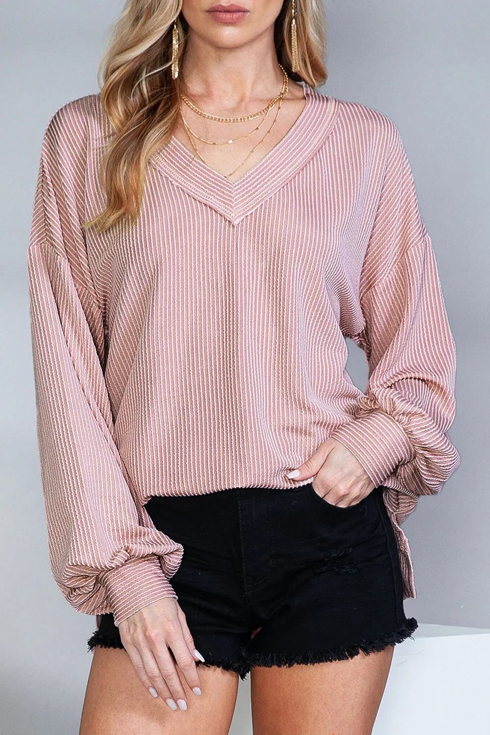 Pink V Neck Drop Shoulder Lantern Sleeve Ribbed Top