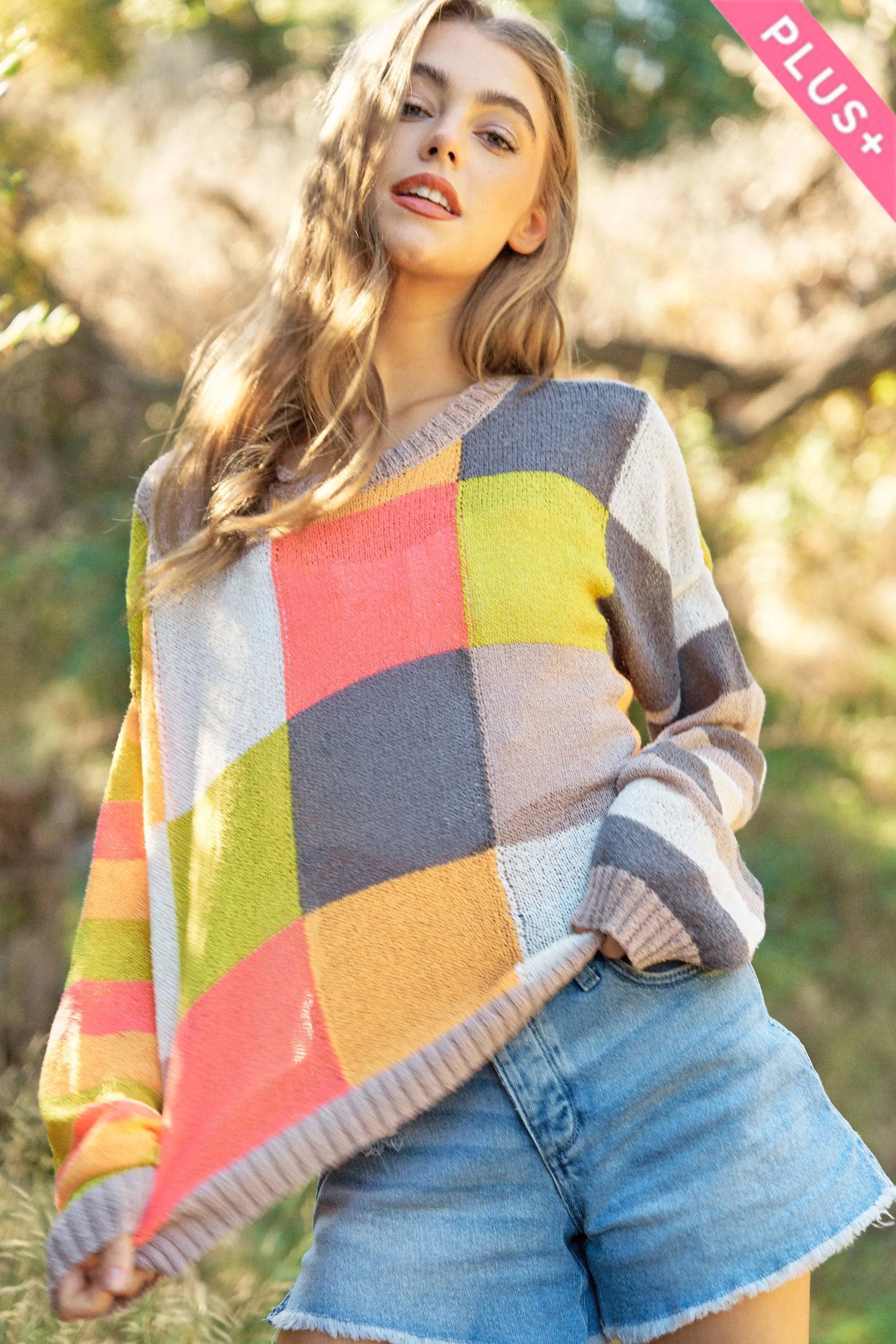 PLUS LIGHT WEIGHT CHECKERBOARD PULLOVER SWEATER: Beige Multi