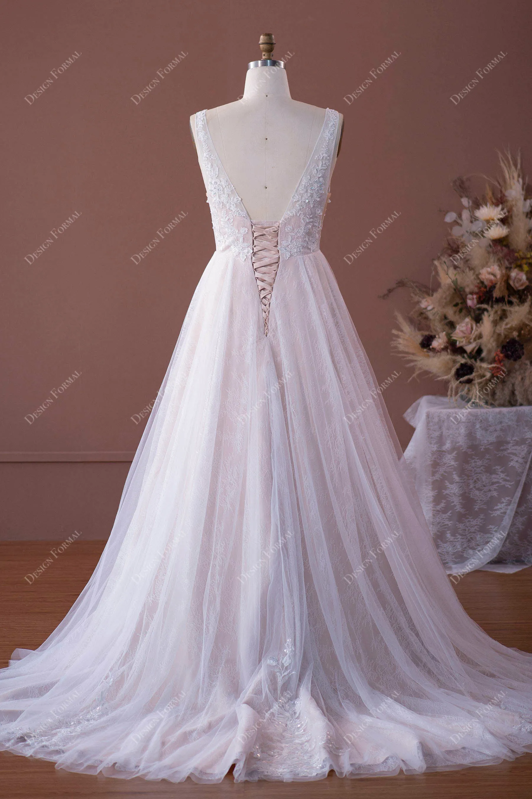 Plus Size Beaded Lace Elegant Plunging Nude A-line Wedding Dress