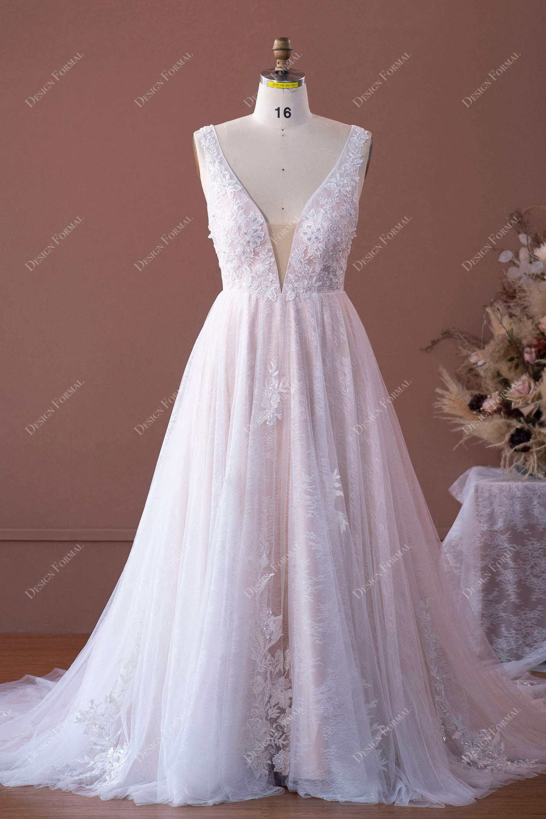 Plus Size Beaded Lace Elegant Plunging Nude A-line Wedding Dress