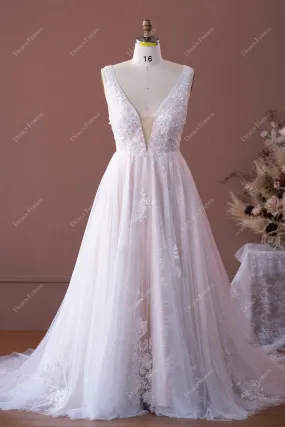 Plus Size Beaded Lace Elegant Plunging Nude A-line Wedding Dress