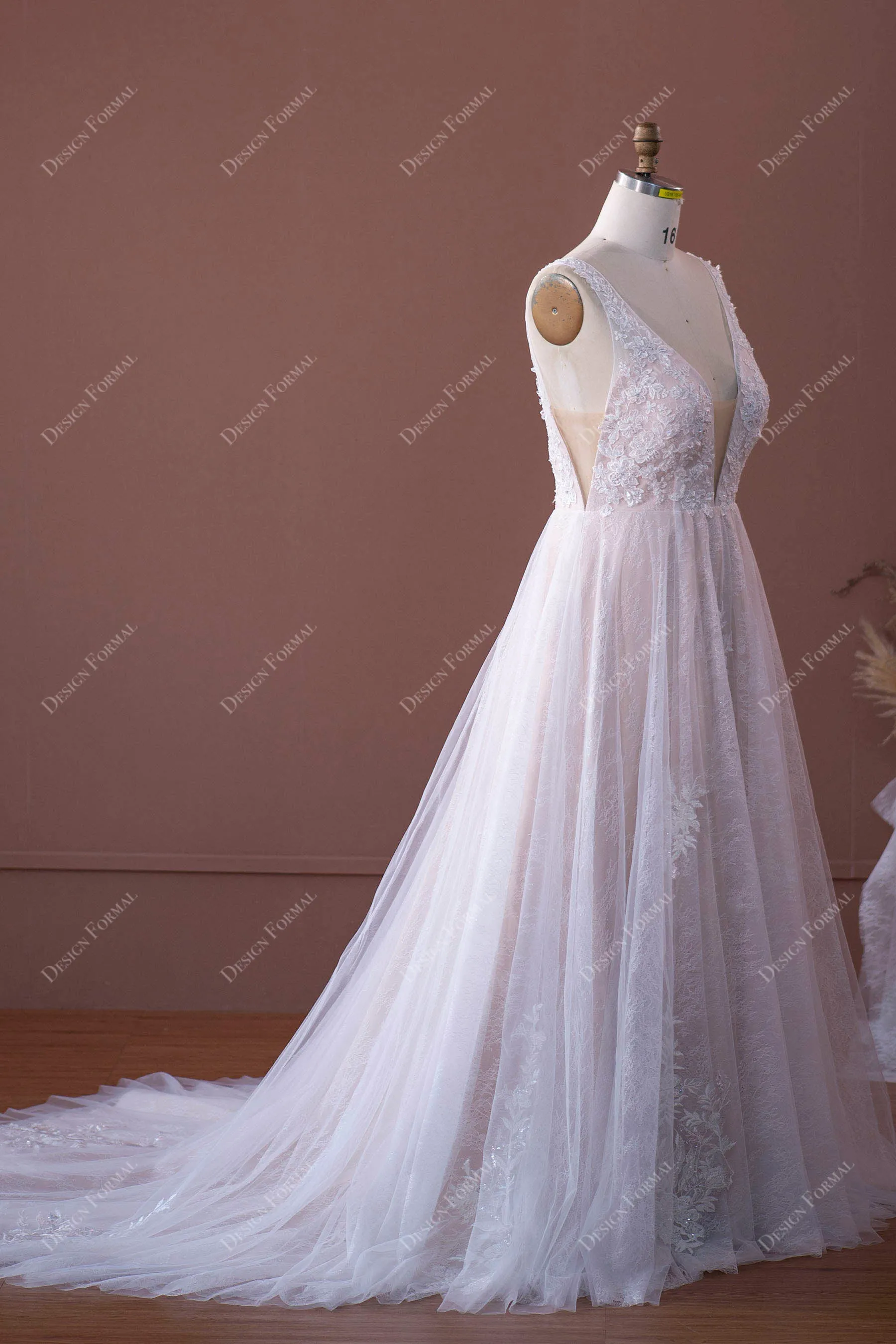 Plus Size Beaded Lace Elegant Plunging Nude A-line Wedding Dress