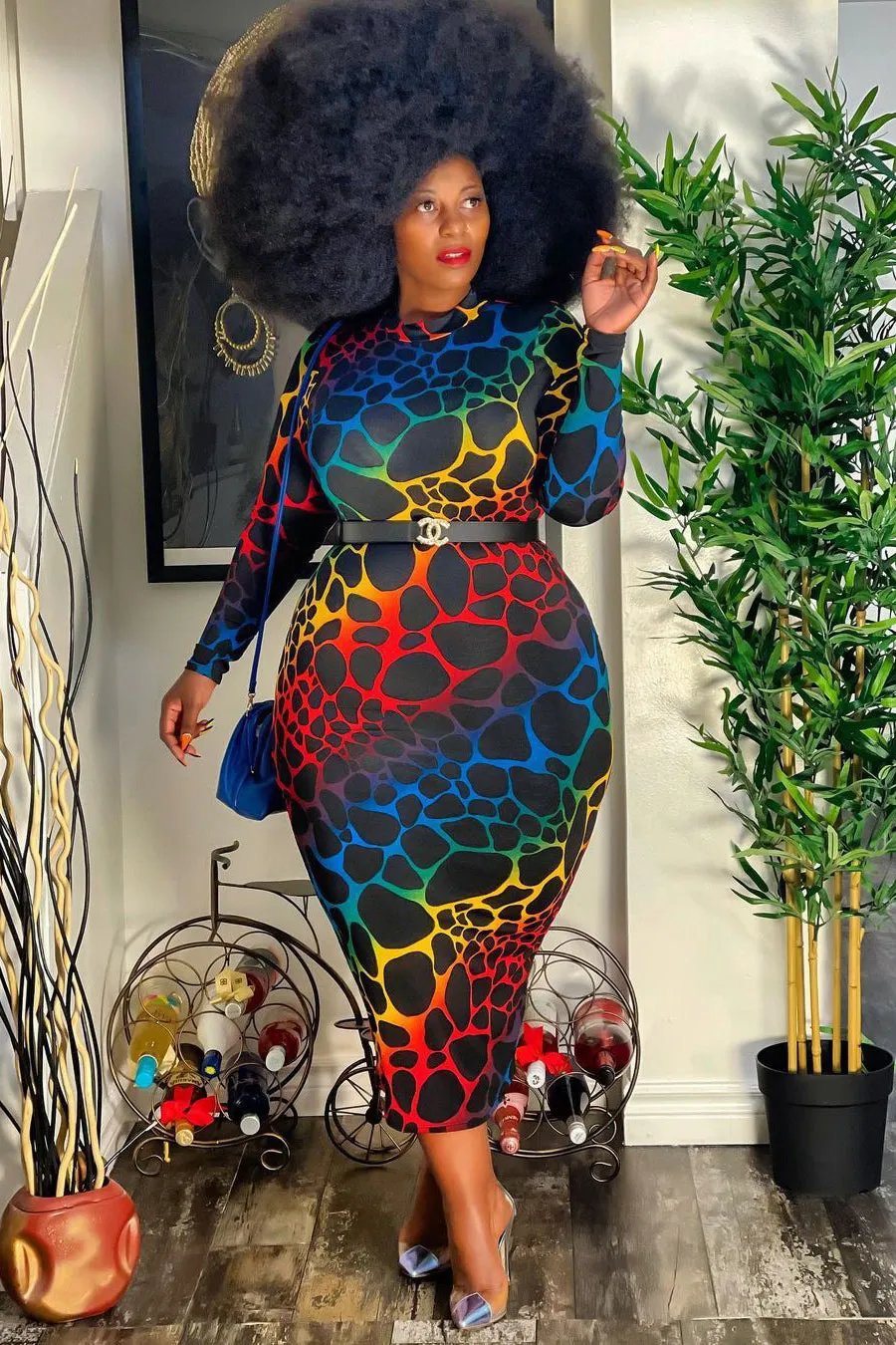 Plus Size Print Long Sleeve Party Dress