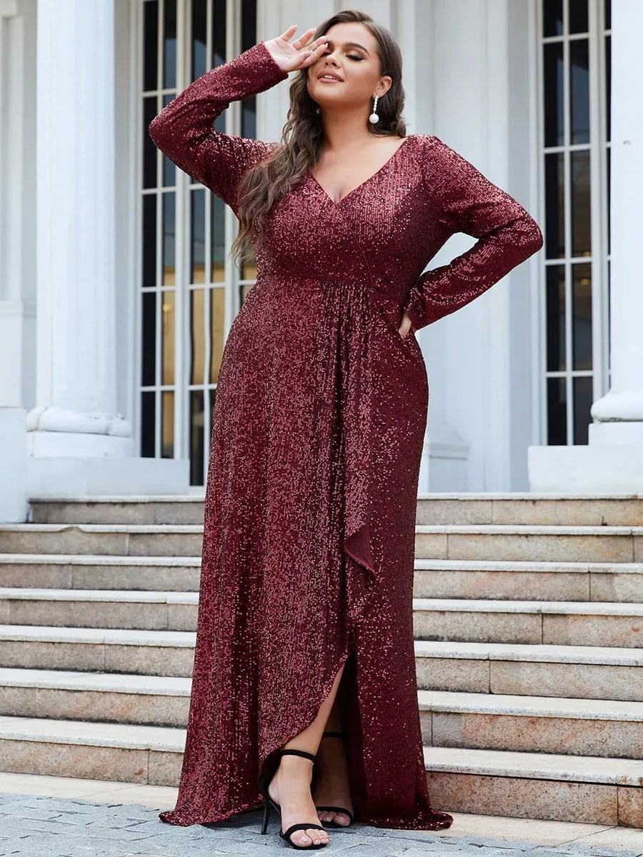 Plus Size Sequin V-Neck Long Sleeve High Slit Bodycon Evening Dress