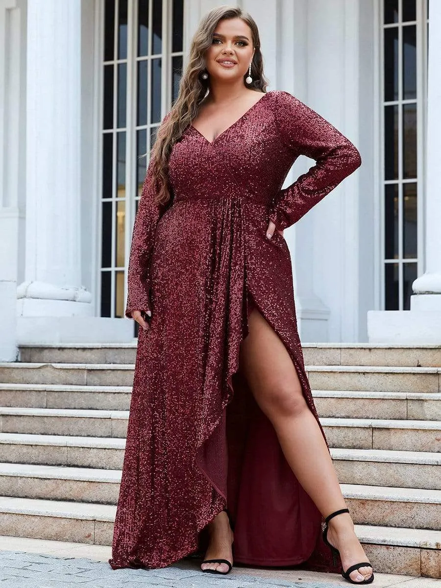 Plus Size Sequin V-Neck Long Sleeve High Slit Bodycon Evening Dress