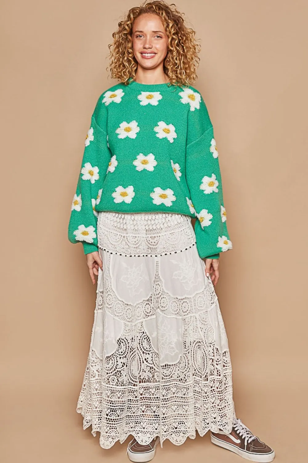 POL Daisy Pattern Drop Shoulder Sweater