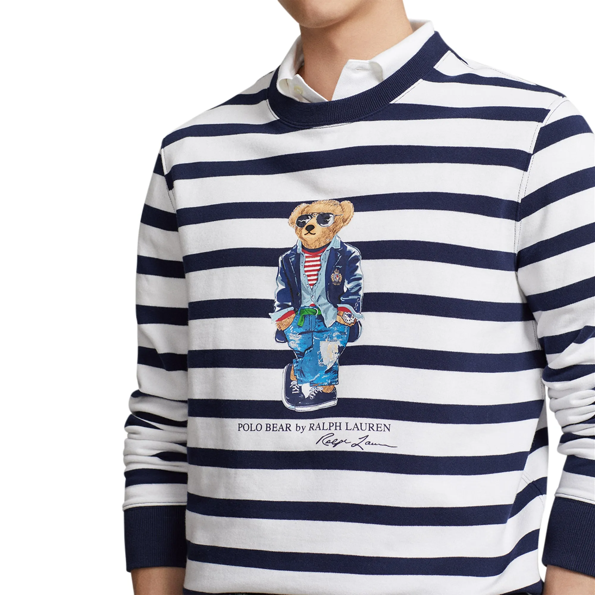 Polo Ralph Lauren Men's (White/Navy) Polo Bear Striped Fleece Sweatshirt 710909723001