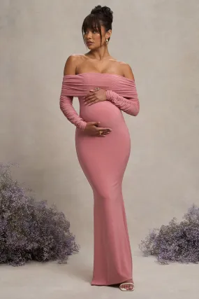 Pretty Perfect | Blush Pink Maternity Ruched Mesh Bardot Maxi Dress