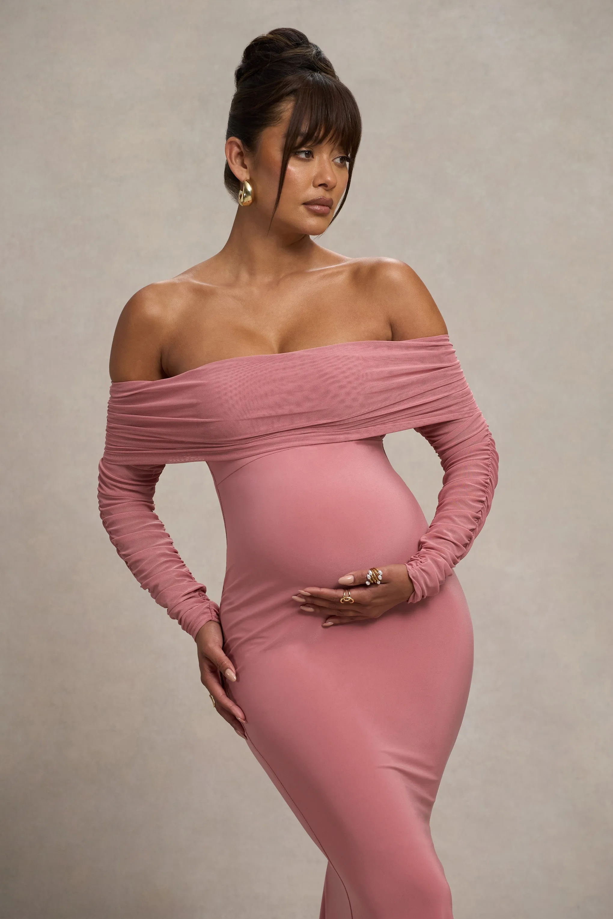 Pretty Perfect | Blush Pink Maternity Ruched Mesh Bardot Maxi Dress