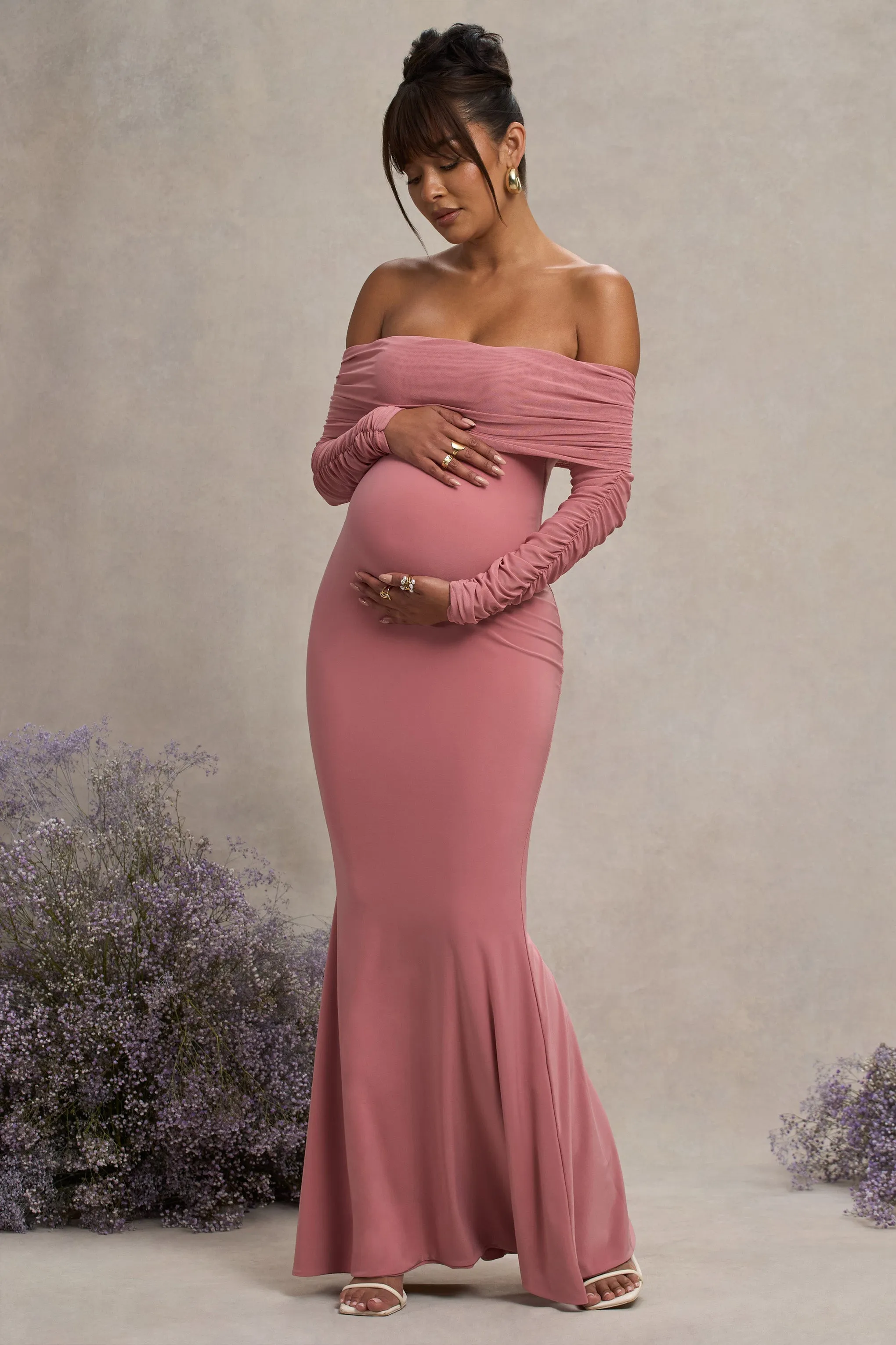 Pretty Perfect | Blush Pink Maternity Ruched Mesh Bardot Maxi Dress