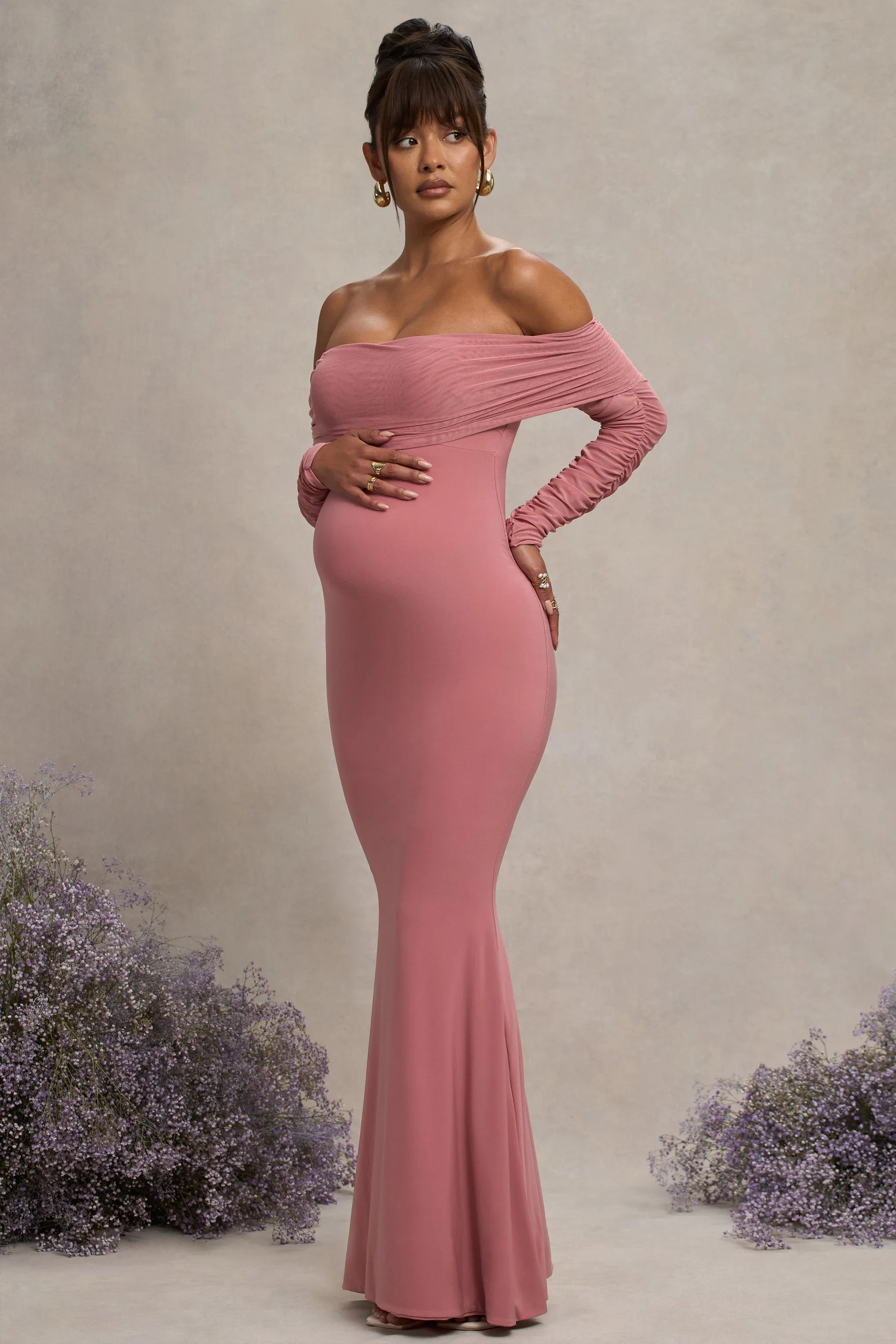 Pretty Perfect | Blush Pink Maternity Ruched Mesh Bardot Maxi Dress