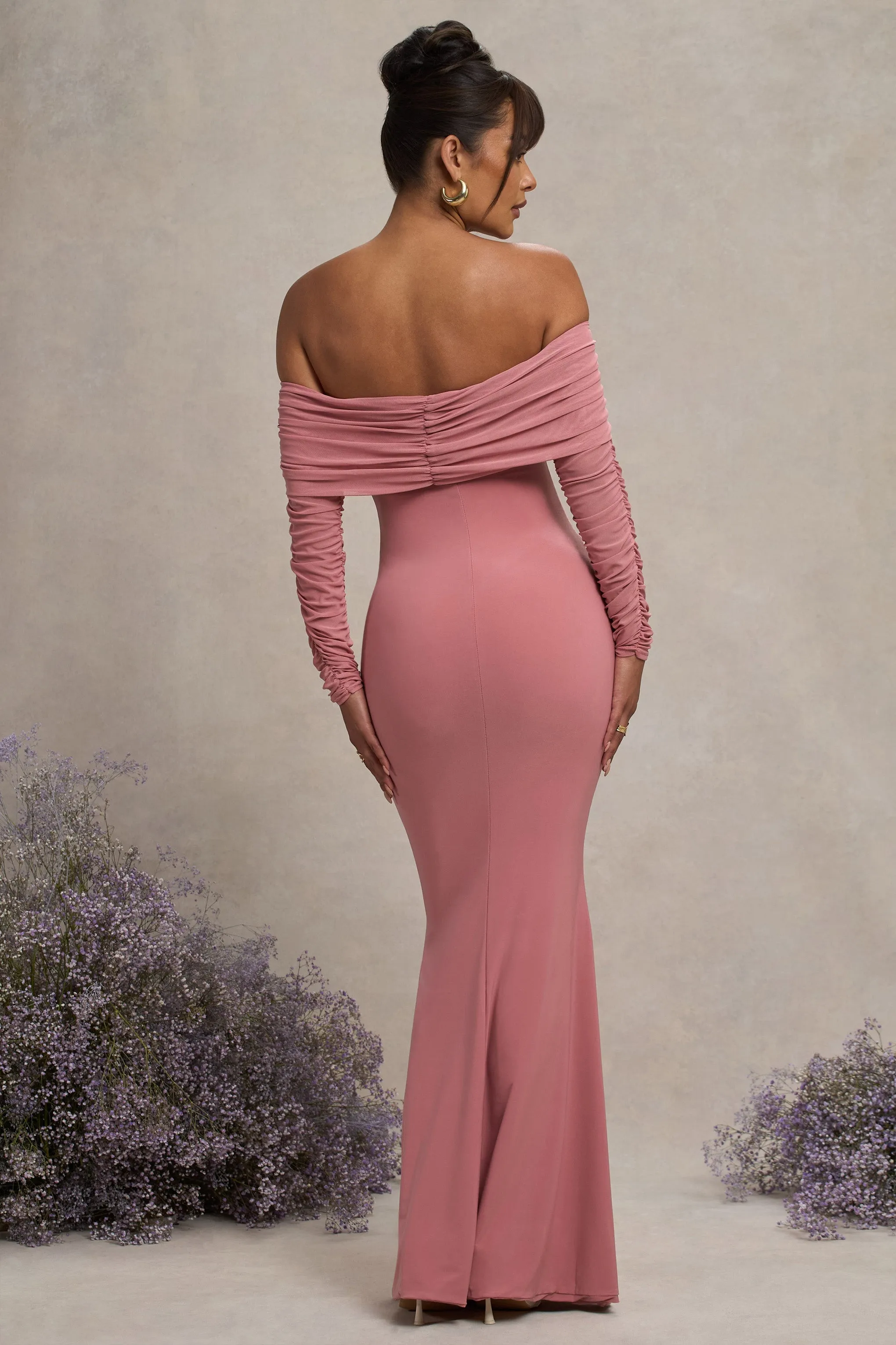 Pretty Perfect | Blush Pink Maternity Ruched Mesh Bardot Maxi Dress