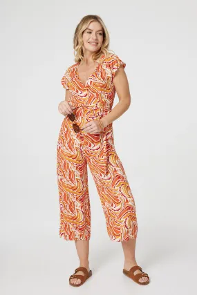 Printed Tie Waist Cropped Jumpsuit