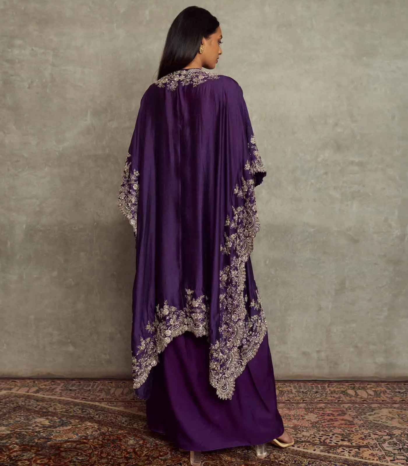 Purple Embroidered Cowl Skirt And Cape Set