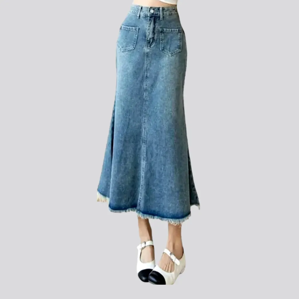 Raw-hem sanded denim skirt