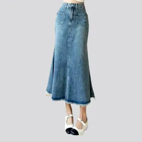 Raw-hem sanded denim skirt