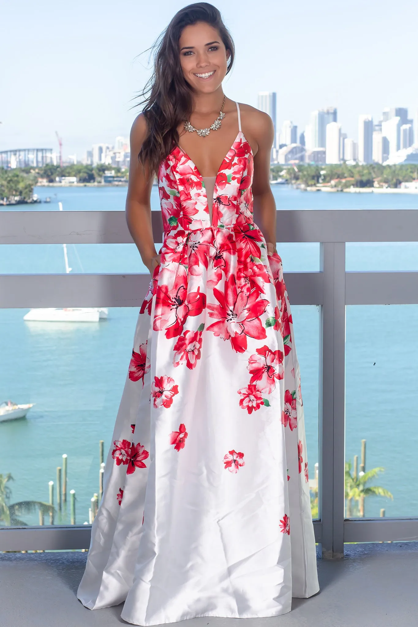 Red Floral Maxi Dress with Pockets