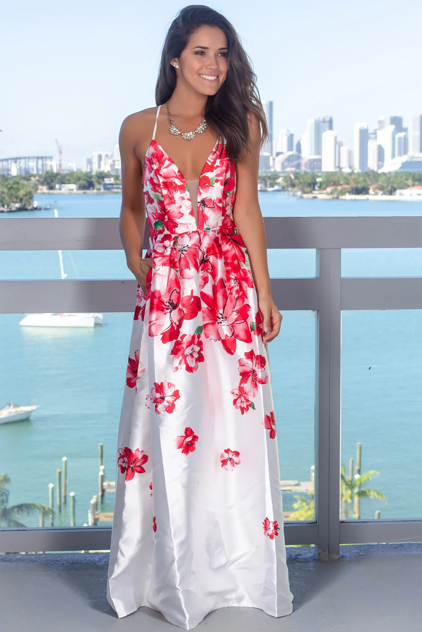 Red Floral Maxi Dress with Pockets