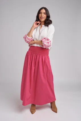 Rib Knit Waist Cotton Maxi Skirt Hot Pink