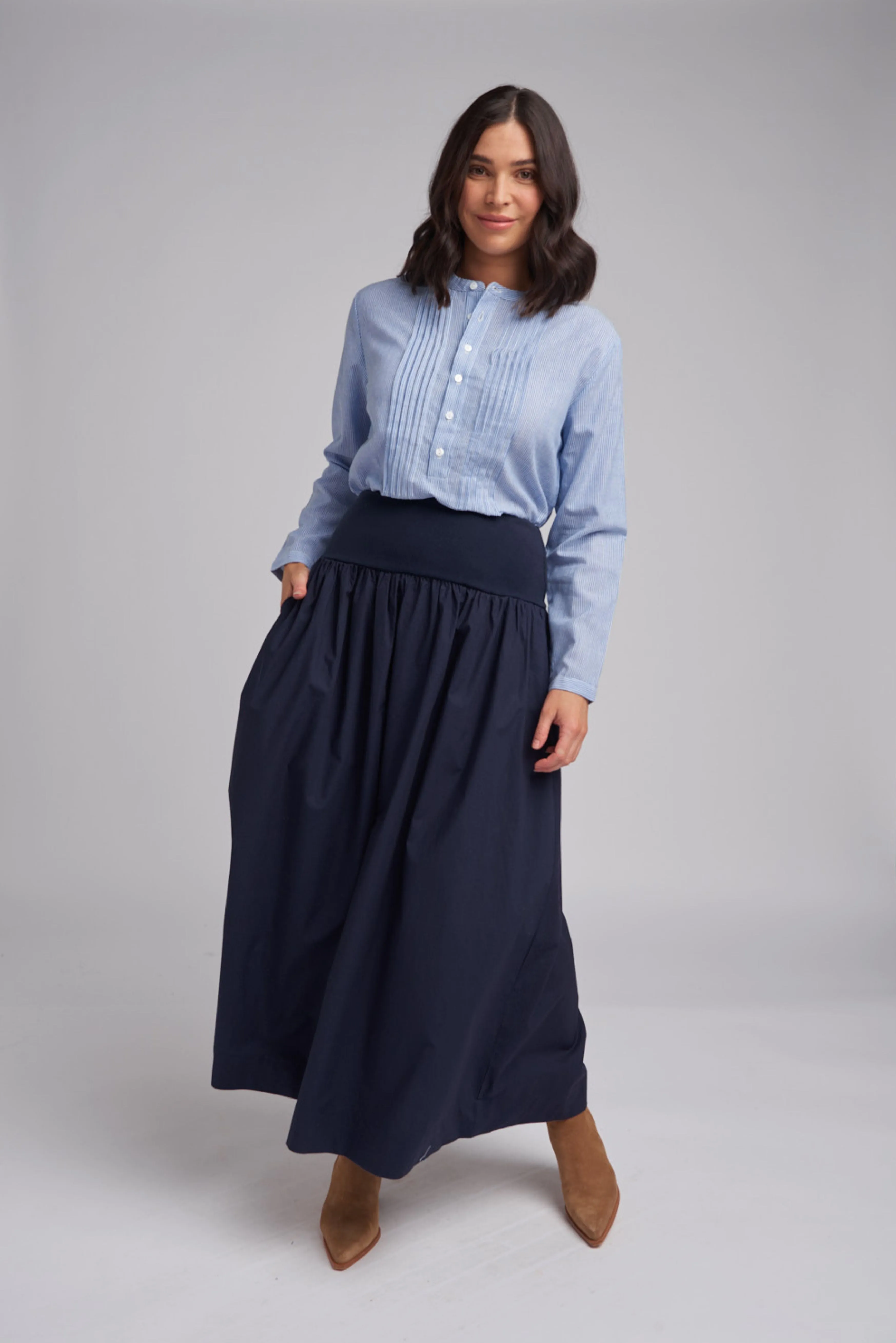 Rib Knit Waist Cotton Maxi Skirt Navy