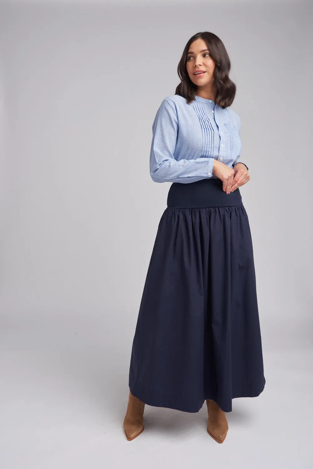 Rib Knit Waist Cotton Maxi Skirt Navy