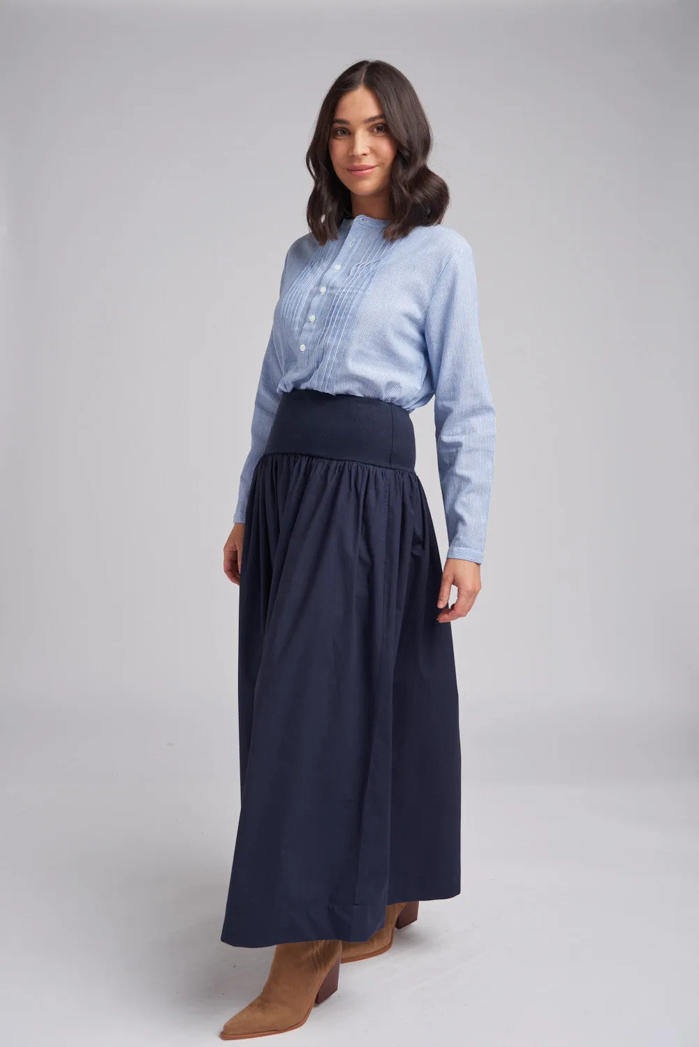 Rib Knit Waist Cotton Maxi Skirt Navy