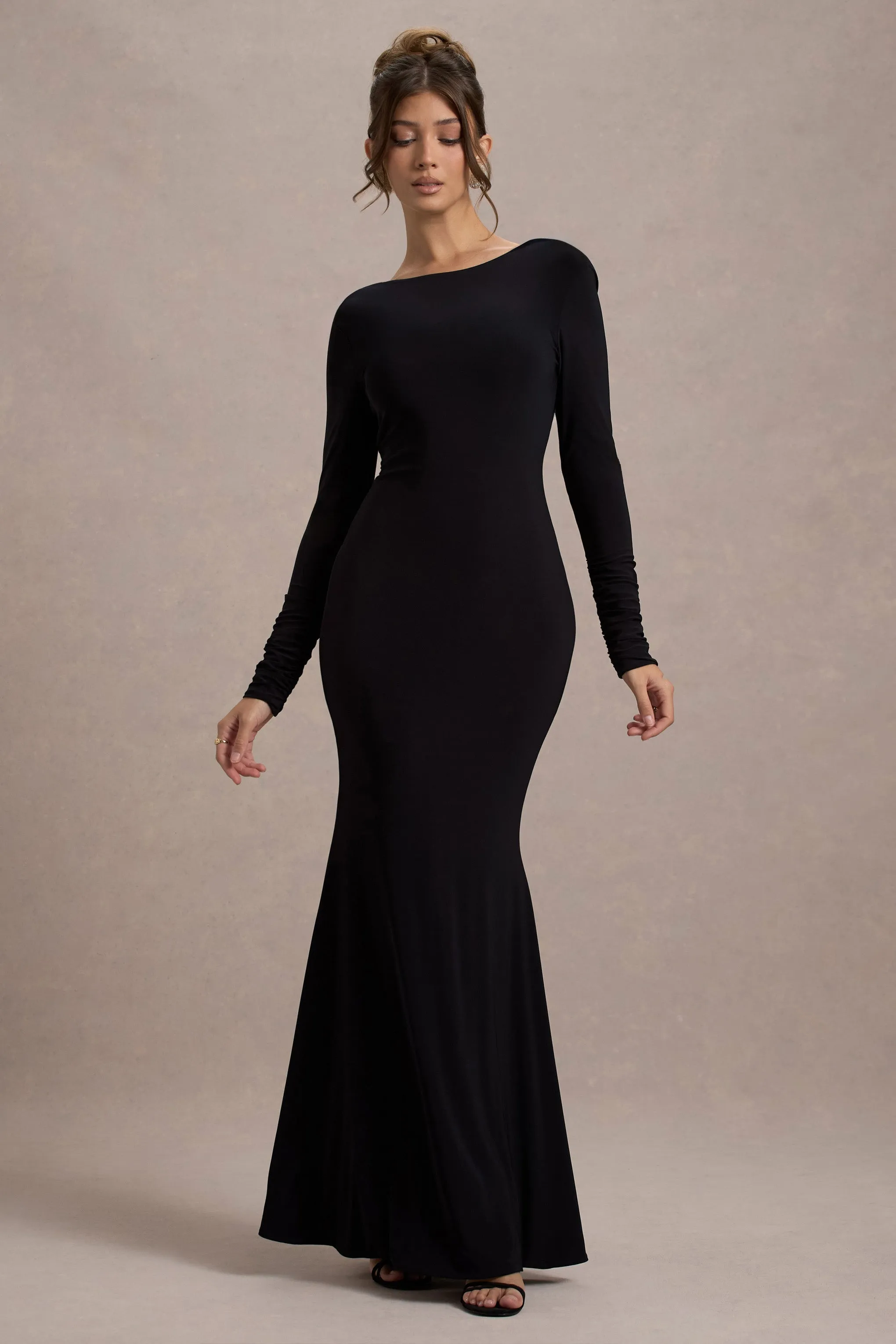 Rosalee | Black Long-Sleeve Cowl-Back Fishtail Maxi Dress With Bows