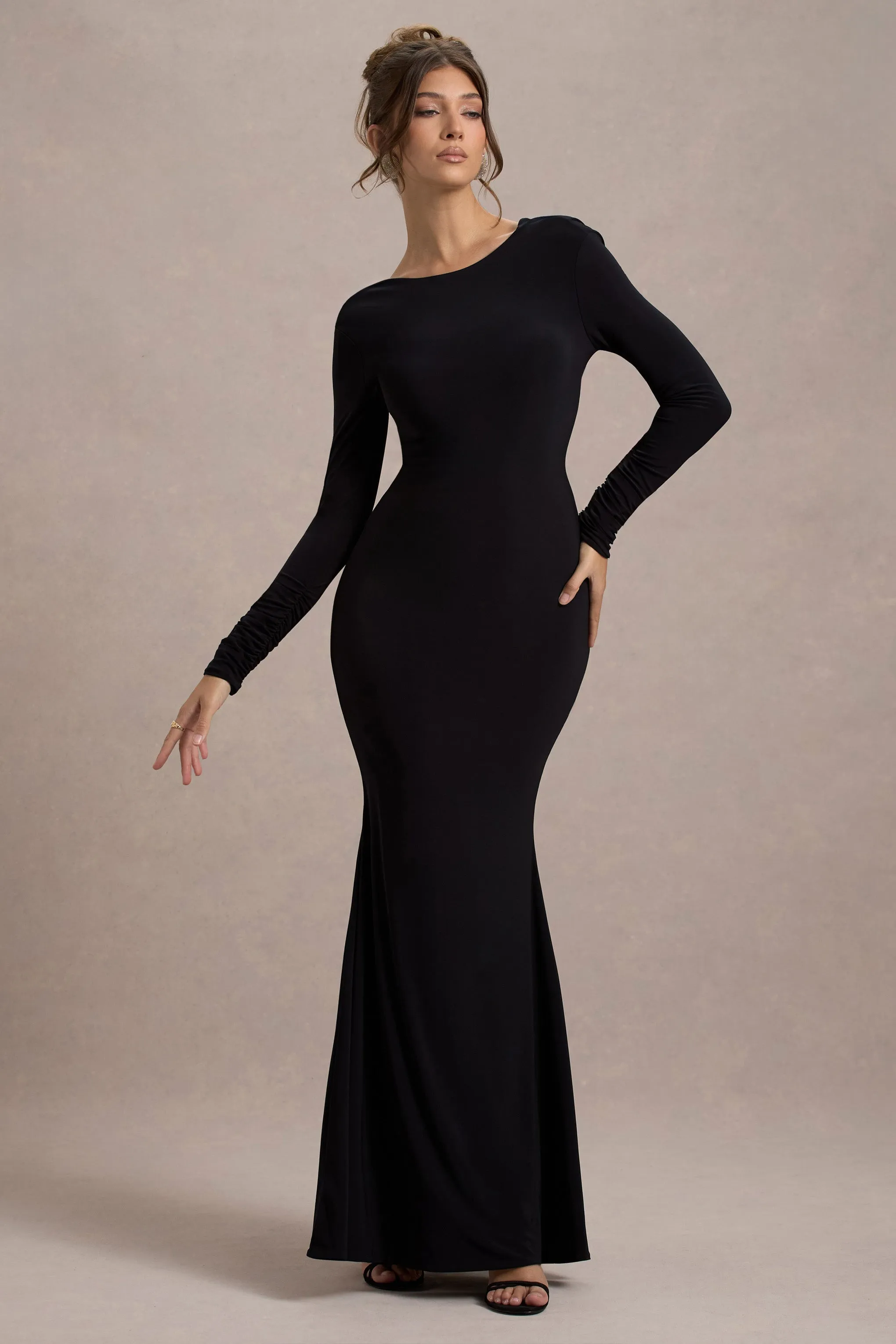 Rosalee | Black Long-Sleeve Cowl-Back Fishtail Maxi Dress With Bows