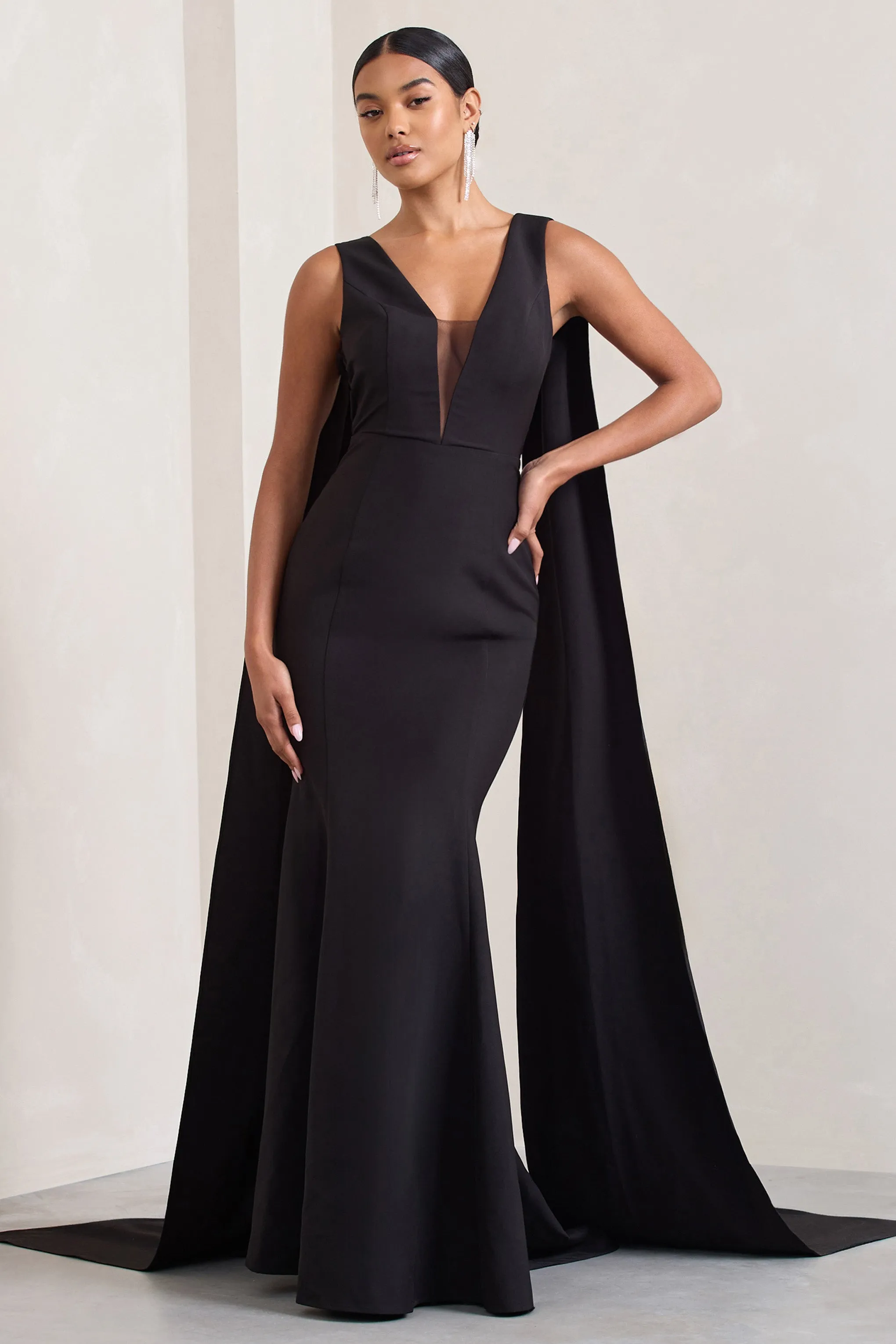 Rosaline | Black Plunging Fishtail Maxi Dress With Cape