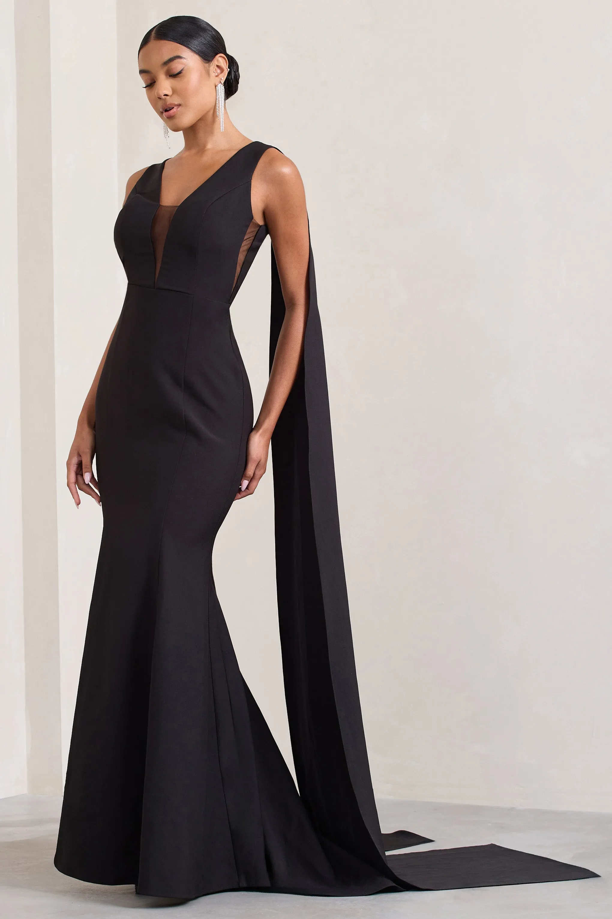 Rosaline | Black Plunging Fishtail Maxi Dress With Cape