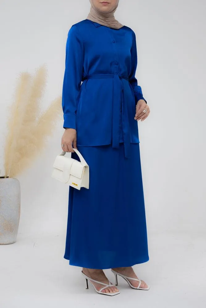 Royal Blue Blouse Skirt Modest set maxi skirt with elasticated waistband maxi sleeve buttoned shirt with a detachable belt