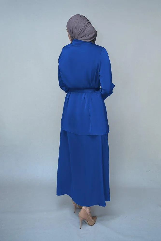 Royal Blue Blouse Skirt Modest set maxi skirt with elasticated waistband maxi sleeve buttoned shirt with a detachable belt