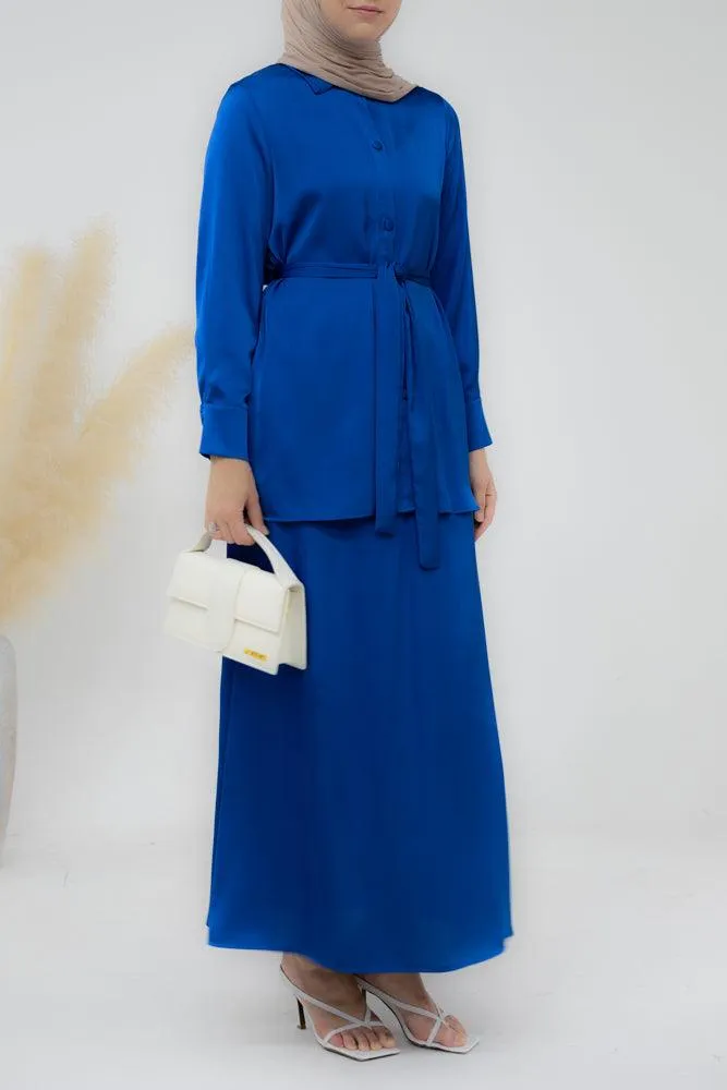 Royal Blue Blouse Skirt Modest set maxi skirt with elasticated waistband maxi sleeve buttoned shirt with a detachable belt