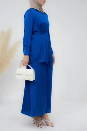 Royal Blue Blouse Skirt Modest set maxi skirt with elasticated waistband maxi sleeve buttoned shirt with a detachable belt