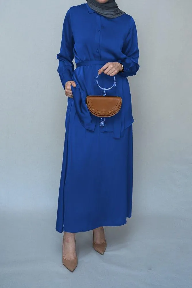 Royal Blue Blouse Skirt Modest set maxi skirt with elasticated waistband maxi sleeve buttoned shirt with a detachable belt