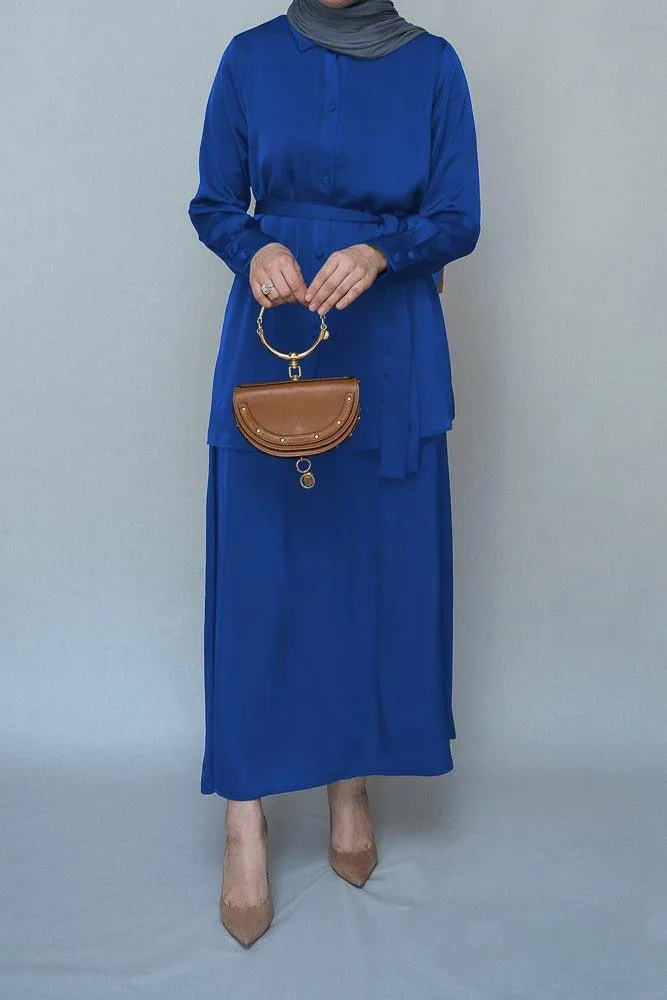 Royal Blue Blouse Skirt Modest set maxi skirt with elasticated waistband maxi sleeve buttoned shirt with a detachable belt