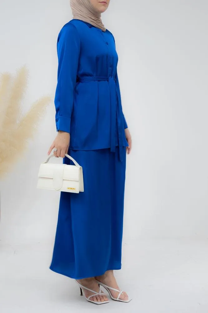 Royal Blue Blouse Skirt Modest set maxi skirt with elasticated waistband maxi sleeve buttoned shirt with a detachable belt