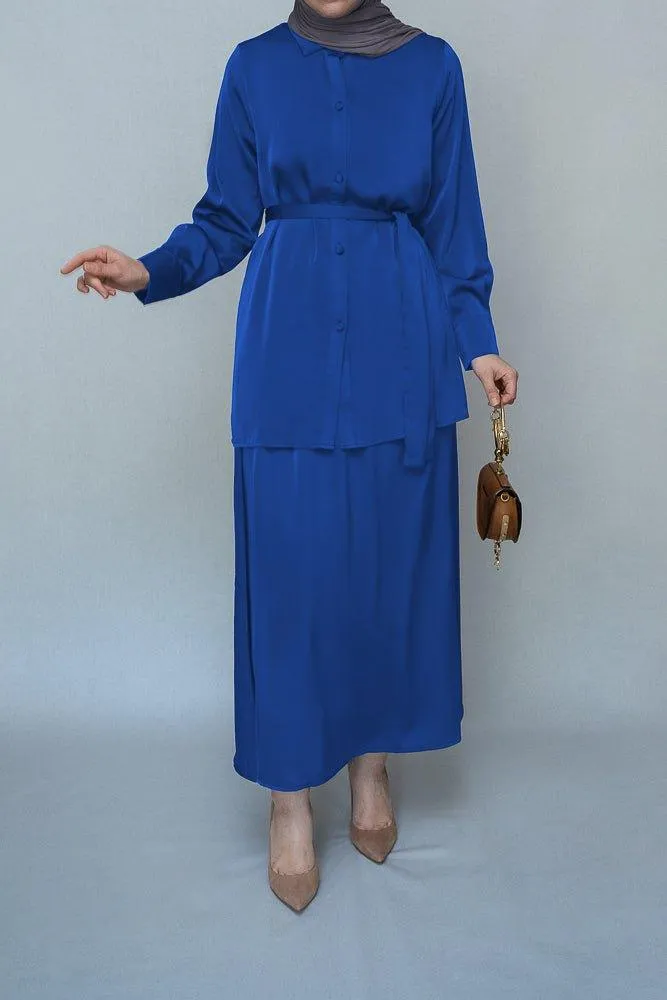 Royal Blue Blouse Skirt Modest set maxi skirt with elasticated waistband maxi sleeve buttoned shirt with a detachable belt