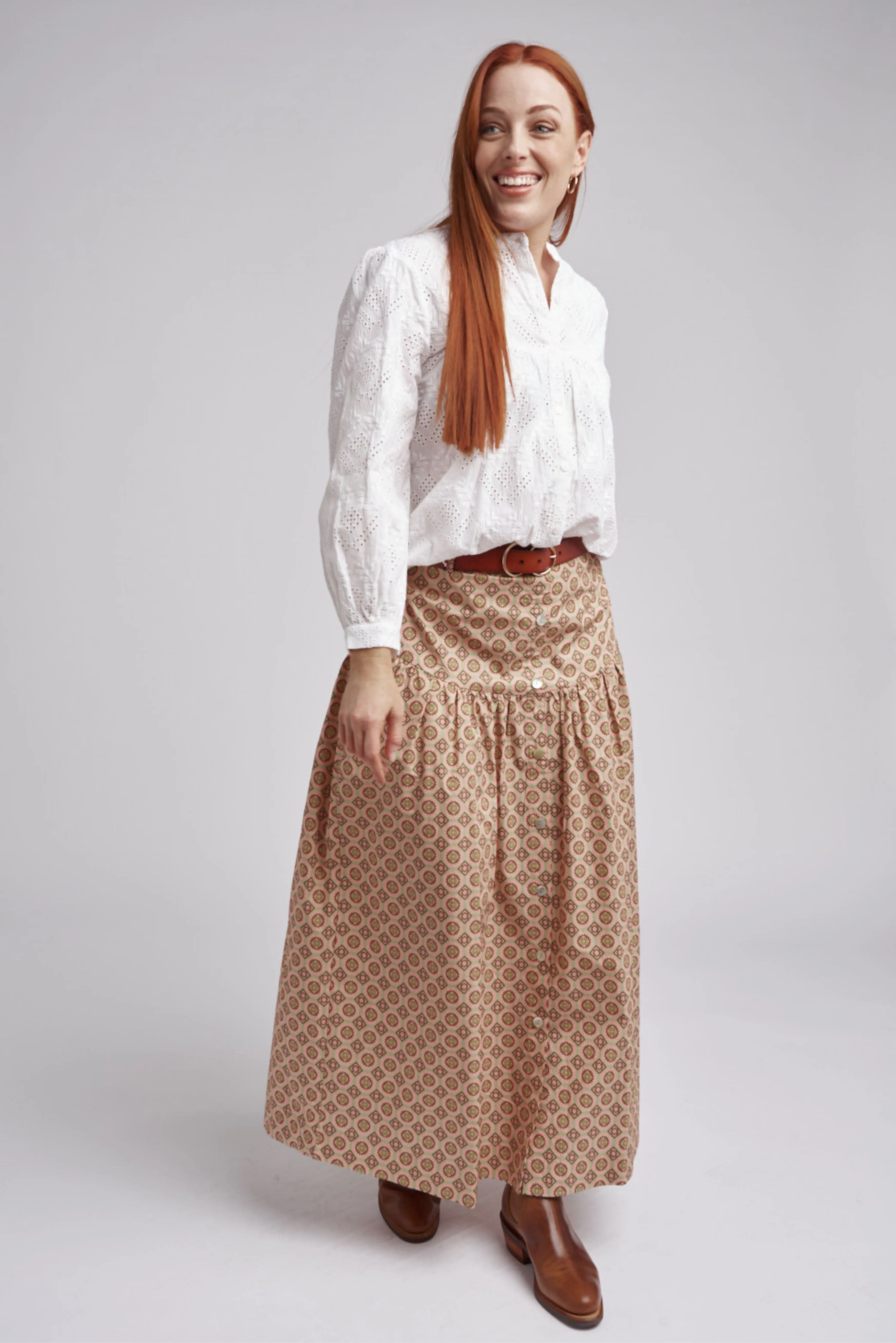 Ruffle Geo Print Cotton Maxi Skirt