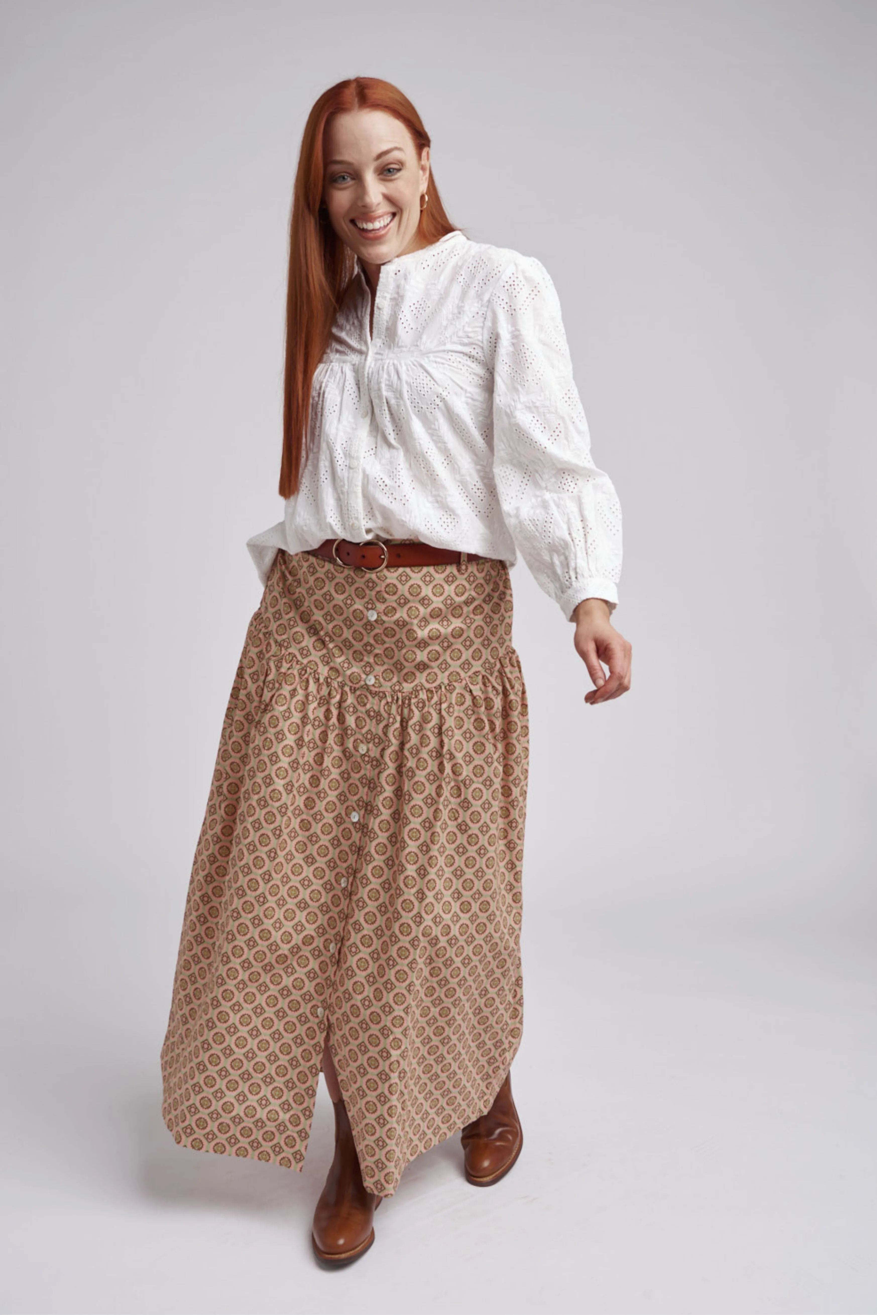 Ruffle Geo Print Cotton Maxi Skirt