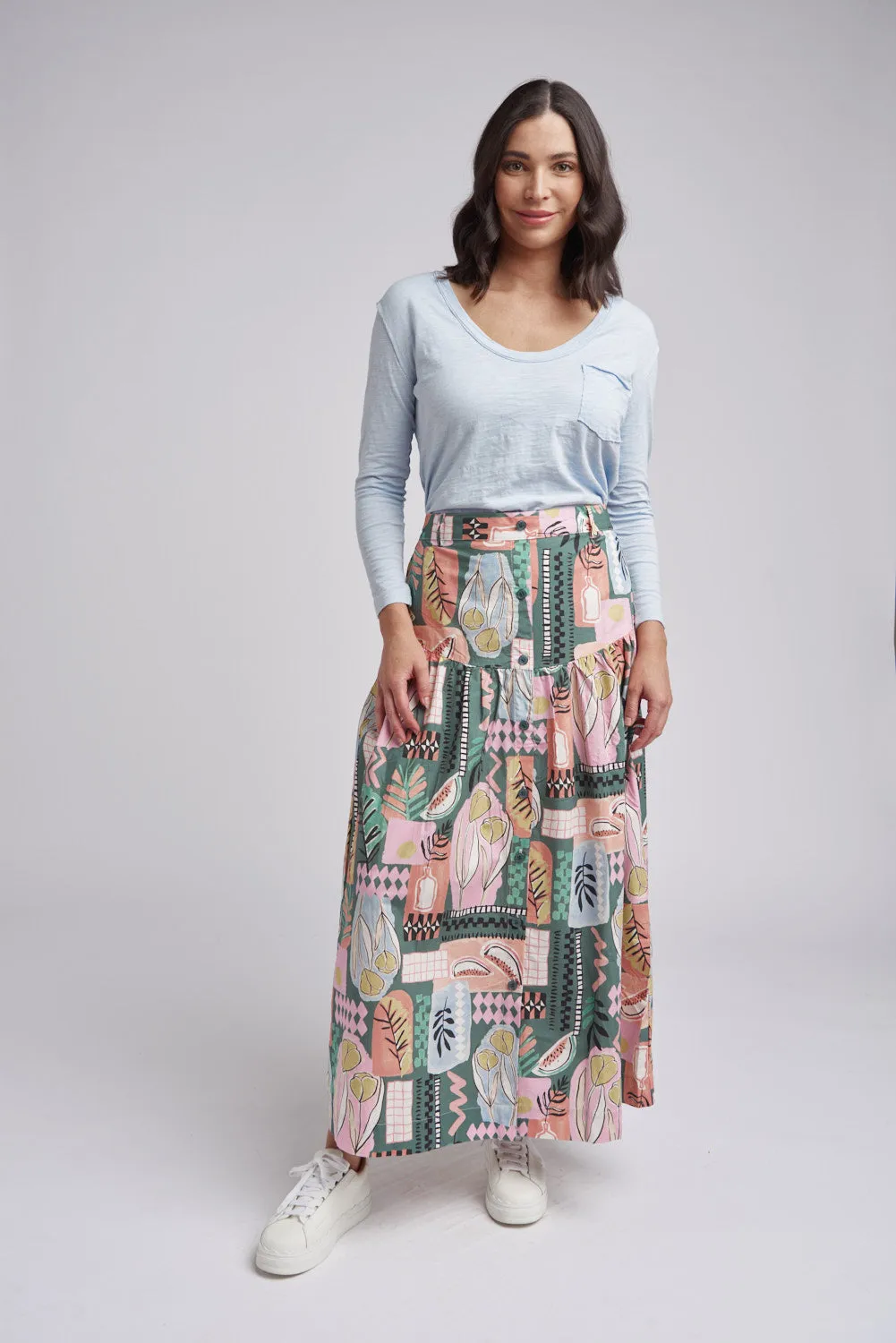 Ruffle Poppy Print Cotton Maxi Skirt